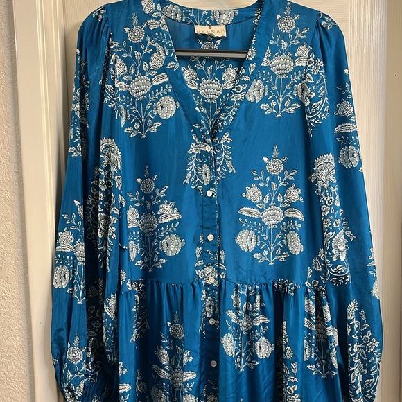 Hannah Artwear Larissa Midi Dress Womens Blue Floral Silk V-Neck Size 1 US 6 - Picture 3 of 9
